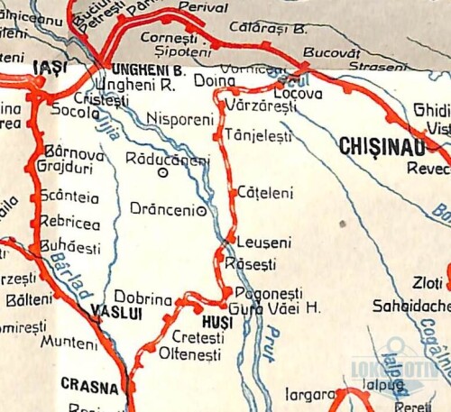 Traseul liniei de ecartament metric Crasna – Huși Bucovăț Harta CFR 1925.